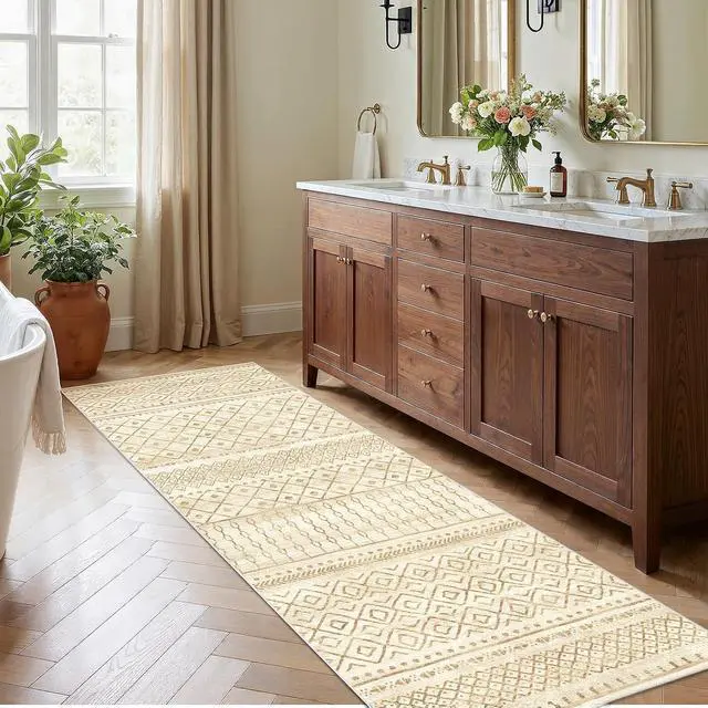 Alt view image 5 of 7 - AMADA HOMEFURNISHING 2x6 Washable Area Rugs, Beige Boho Geometric Low-Pile Rug with Non-Slip Backing, Stain Resistance & Durable Edge Binding, Soft Indoor Carpet for Living Room, Bedroom, Dining Room