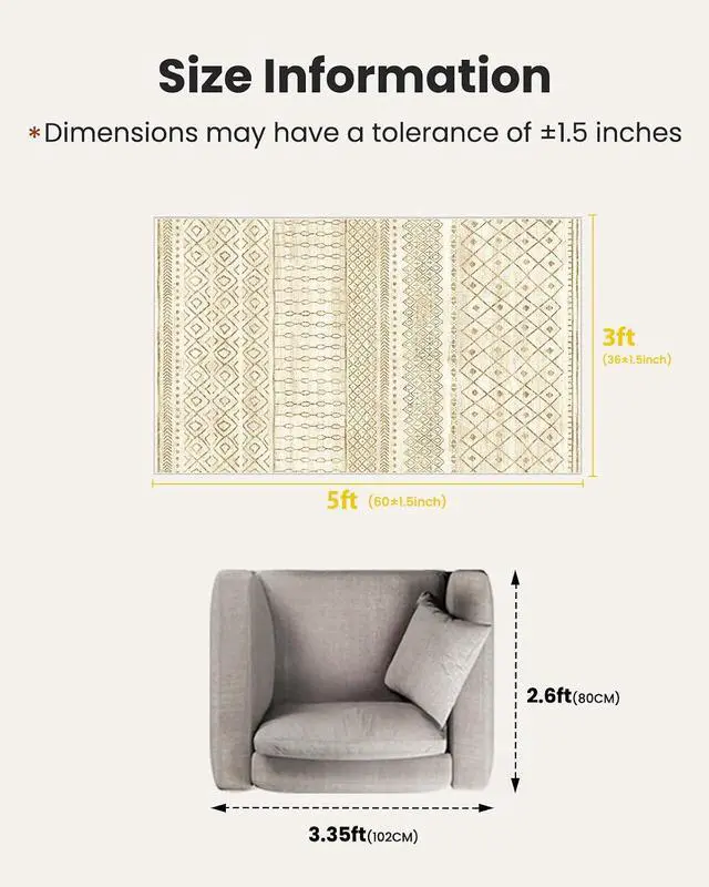 Alt view image 2 of 7 - AMADA HOMEFURNISHING 3x5 Washable Area Rugs, Beige Boho Geometric Low-Pile Rug with Non-Slip Backing, Stain Resistance & Durable Edge Binding, Soft Indoor Carpet for Living Room, Bedroom, Dining Room