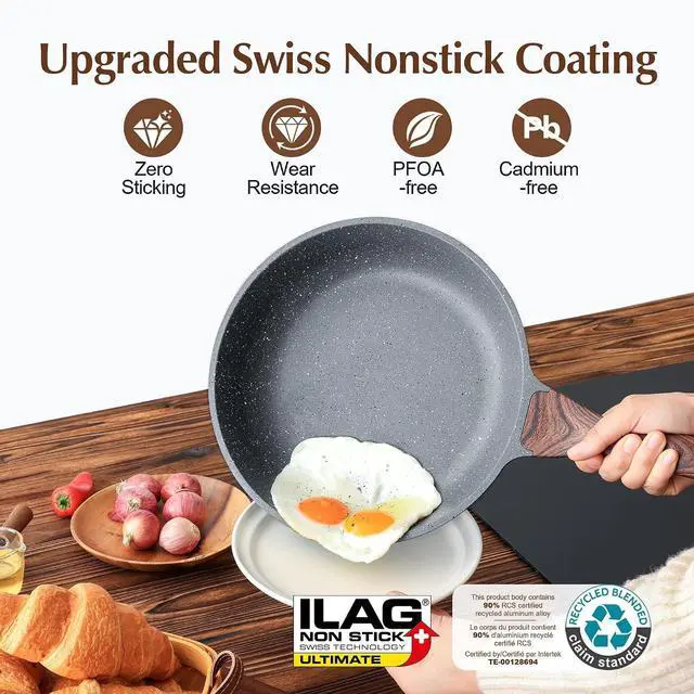 Alt view image 2 of 7 - Nonstick Frying Pan Skillet, Swiss Granite Coating Omelette Pan, Healthy Stone Cookware Chef's Pan, PFOA Free (9.5 Inch)