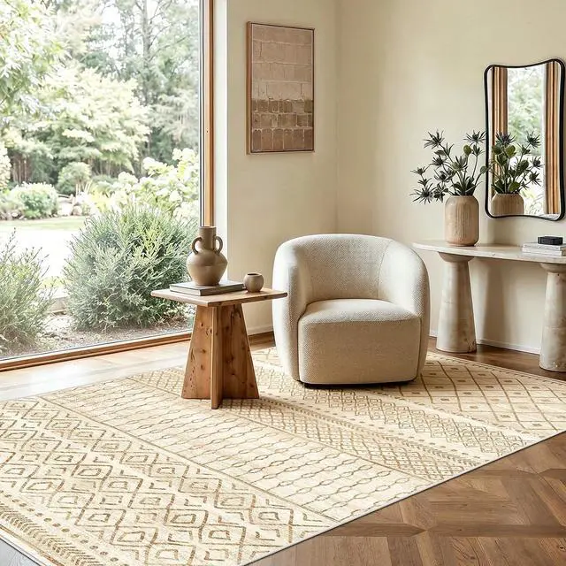 Alt view image 3 of 7 - AMADA HOMEFURNISHING 3x5 Washable Area Rugs, Beige Boho Geometric Low-Pile Rug with Non-Slip Backing, Stain Resistance & Durable Edge Binding, Soft Indoor Carpet for Living Room, Bedroom, Dining Room