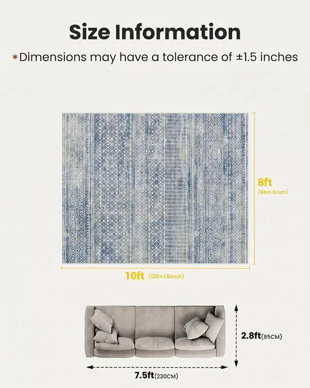 Alt view image 2 of 7 - AMADA HOMEFURNISHING 8x10 Washable Area Rugs, Blue Boho Geometric Low-Pile Rug with Non-Slip Backing, Stain Resistance & Durable Edge Binding, Soft Indoor Carpet for Living Room, Bedroom, Dining Room