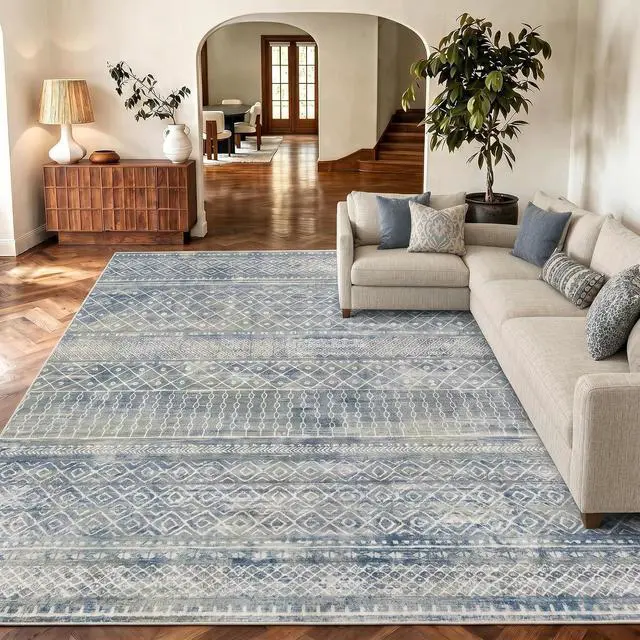 Main image of AMADA HOMEFURNISHING 8x10 Washable Area Rugs, Blue Boho Geometric Low-Pile Rug with Non-Slip Backing, Stain Resistance & Durable Edge Binding, Soft Indoor Carpet for Living Room, Bedroom, Dining Room