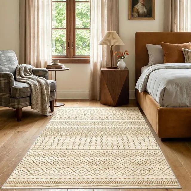 Alt view image 4 of 7 - AMADA HOMEFURNISHING 3x5 Washable Area Rugs, Beige Boho Geometric Low-Pile Rug with Non-Slip Backing, Stain Resistance & Durable Edge Binding, Soft Indoor Carpet for Living Room, Bedroom, Dining Room