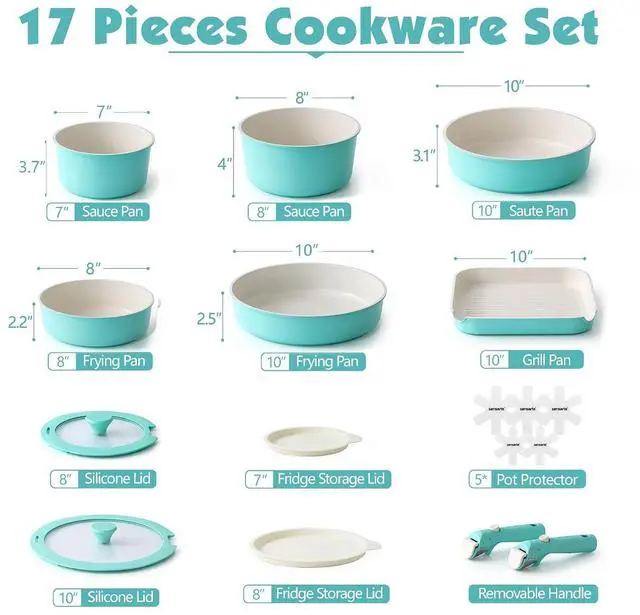 Alt view image 2 of 7 - 17 Piece Ceramic Pots and Pans Set, Nonstick Detachable Handle Cookware, Induction Kitchen Cookware Set with Removable Handle, Dishwasher Oven Safe (Turquoise)