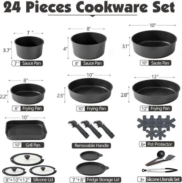 Alt view image 2 of 7 - 24 Piece Pots and Pans Set, Nonstick Detachable Handle Cookware, Induction Kitchen Cookware Set with Removable Handle, Healthy Non Stick for RV, DishwasherOven Safe (Black)