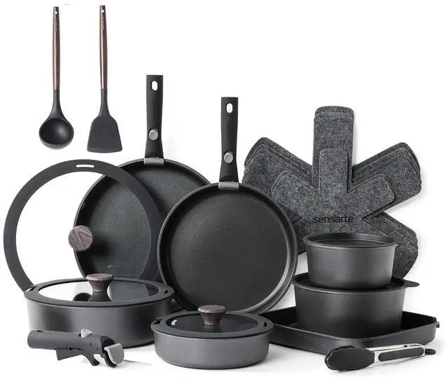 Main image of 24 Piece Pots and Pans Set, Nonstick Detachable Handle Cookware, Induction Kitchen Cookware Set with Removable Handle, Healthy Non Stick for RV, DishwasherOven Safe (Black)