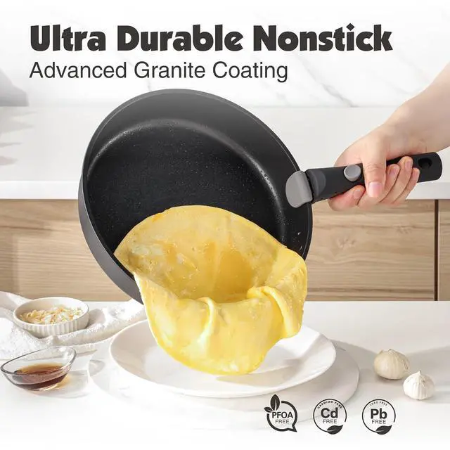 Alt view image 4 of 7 - 24 Piece Pots and Pans Set, Nonstick Detachable Handle Cookware, Induction Kitchen Cookware Set with Removable Handle, Healthy Non Stick for RV, DishwasherOven Safe (Black)
