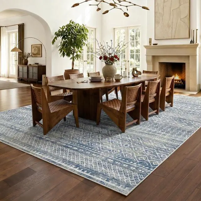 Alt view image 3 of 7 - AMADA HOMEFURNISHING 8x10 Washable Area Rugs, Blue Boho Geometric Low-Pile Rug with Non-Slip Backing, Stain Resistance & Durable Edge Binding, Soft Indoor Carpet for Living Room, Bedroom, Dining Room