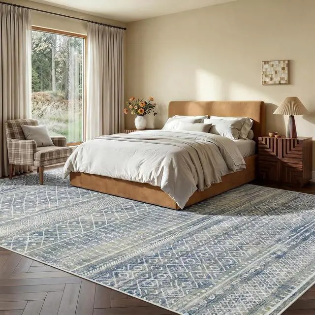 Alt view image 4 of 7 - AMADA HOMEFURNISHING 8x10 Washable Area Rugs, Blue Boho Geometric Low-Pile Rug with Non-Slip Backing, Stain Resistance & Durable Edge Binding, Soft Indoor Carpet for Living Room, Bedroom, Dining Room