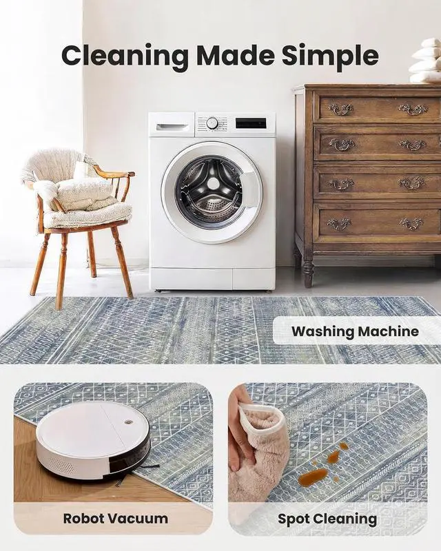 Alt view image 6 of 7 - AMADA HOMEFURNISHING 8x10 Washable Area Rugs, Blue Boho Geometric Low-Pile Rug with Non-Slip Backing, Stain Resistance & Durable Edge Binding, Soft Indoor Carpet for Living Room, Bedroom, Dining Room