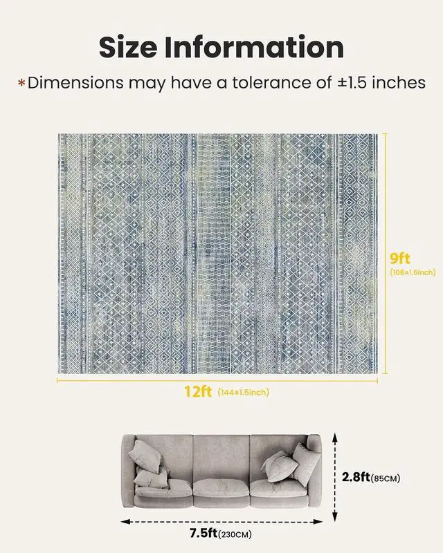 Alt view image 2 of 7 - AMADA HOMEFURNISHING 9x12 Washable Area Rugs, Blue Boho Geometric Low-Pile Rug with Non-Slip Backing, Stain Resistance & Durable Edge Binding, Soft Indoor Carpet for Living Room, Bedroom, Dining Room