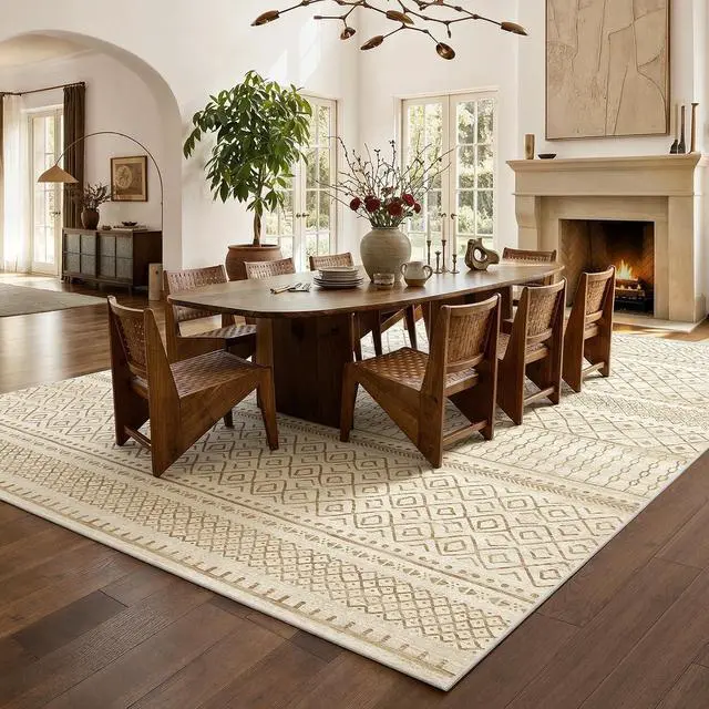 Alt view image 3 of 7 - Amada Homefurnishing 9x12 Washable Area Rugs, Beige Boho Geometric Low-Pile Rug with Non-Slip Backing, Stain Resistance & Durable Edge Binding, Soft Indoor Carpet for Living Room, Bedroom, Dining Room