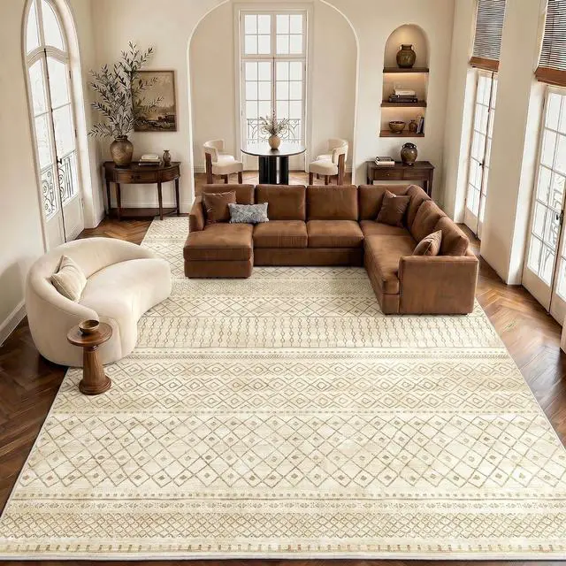 Main image of Amada Homefurnishing 9x12 Washable Area Rugs, Beige Boho Geometric Low-Pile Rug with Non-Slip Backing, Stain Resistance & Durable Edge Binding, Soft Indoor Carpet for Living Room, Bedroom, Dining Room