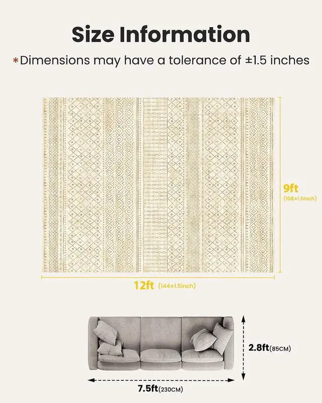 Alt view image 2 of 7 - Amada Homefurnishing 9x12 Washable Area Rugs, Beige Boho Geometric Low-Pile Rug with Non-Slip Backing, Stain Resistance & Durable Edge Binding, Soft Indoor Carpet for Living Room, Bedroom, Dining Room