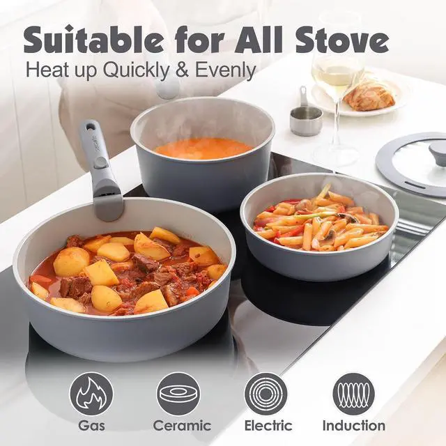 Alt view image 6 of 7 - 17 Piece Ceramic Pots and Pans Set, Nonstick Detachable Handle Cookware, Induction Kitchen Cookware Set with Removable Handle, Dishwasher Oven Safe (Gray)