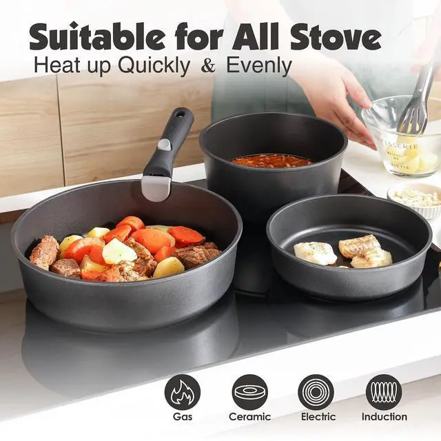 Alt view image 6 of 7 - 24 Piece Pots and Pans Set,Nonstick Detachable Handle Cookware,4.5QT Nonstick Stock Pot with Lid,Induction Compatible, PFOA PFOS APEO Free