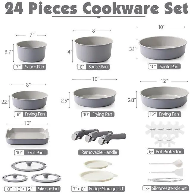 Alt view image 2 of 7 - 24 Piece Ceramic Pots and Pans Set, Nonstick Detachable Handle Cookware, Induction Kitchen Cookware Set with Removable Handle, Healthy Non Stick for RV, DishwasherOven Safe, PFOA Free (Gray)
