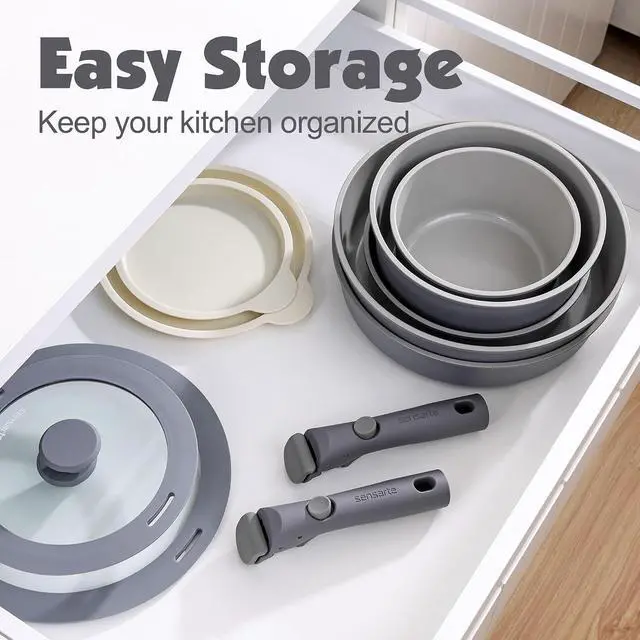 Alt view image 3 of 7 - 24 Piece Ceramic Pots and Pans Set, Nonstick Detachable Handle Cookware, Induction Kitchen Cookware Set with Removable Handle, Healthy Non Stick for RV, DishwasherOven Safe, PFOA Free (Gray)