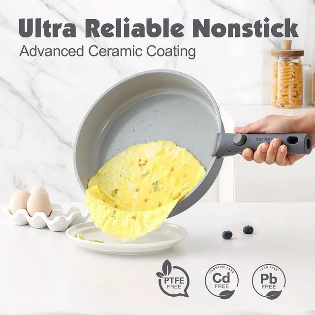 Alt view image 4 of 7 - 24 Piece Ceramic Pots and Pans Set, Nonstick Detachable Handle Cookware, Induction Kitchen Cookware Set with Removable Handle, Healthy Non Stick for RV, DishwasherOven Safe, PFOA Free (Gray)