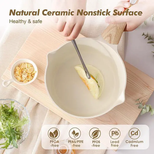 Alt view image 2 of 7 - Ceramic Nonstick Sauce Pan with Lid, 1.5 Quart Small Saucepan, White Cooking Pot with Stay Cool Handle, Non toxic Kitchen Sauce Pot, Non stick Saucier Pan, Induction Pot, PFOA PTFE PFAS Free