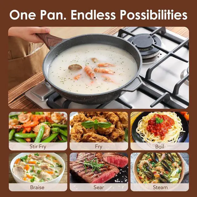 Alt view image 7 of 7 - Nonstick Wok Pan with Lid 11-inch, Healthy Stir-fry Pan Induction Cookware with Swiss Granite Coating, Deep Frying Pan Skillet with Stay-cool Handle, PFOA Free