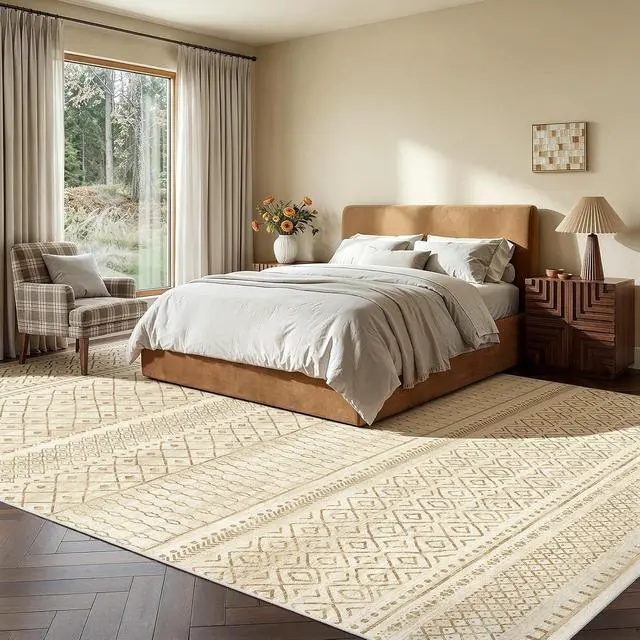 Alt view image 4 of 7 - Amada Homefurnishing 9x12 Washable Area Rugs, Beige Boho Geometric Low-Pile Rug with Non-Slip Backing, Stain Resistance & Durable Edge Binding, Soft Indoor Carpet for Living Room, Bedroom, Dining Room