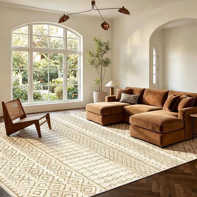 Main image of AMADA HOMEFURNISHING 6x9 Washable Area Rugs, Beige Boho Geometric Low-Pile Rug with Non-Slip Backing, Stain Resistance & Durable Edge Binding, Soft Indoor Carpet for Living Room, Bedroom, Dining Room