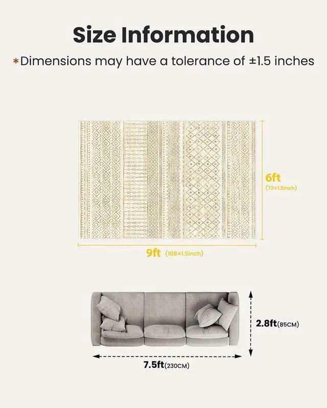 Alt view image 2 of 7 - AMADA HOMEFURNISHING 6x9 Washable Area Rugs, Beige Boho Geometric Low-Pile Rug with Non-Slip Backing, Stain Resistance & Durable Edge Binding, Soft Indoor Carpet for Living Room, Bedroom, Dining Room