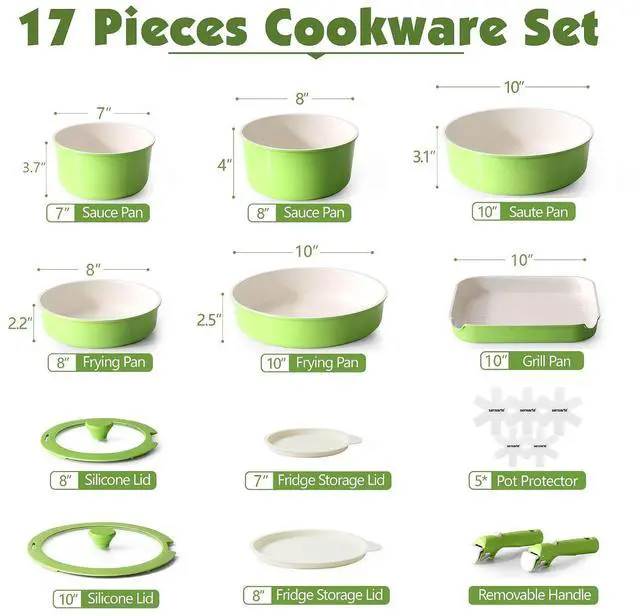 Alt view image 2 of 7 - 17 Piece Ceramic Pots and Pans Set, Nonstick Detachable Handle Cookware, Induction Kitchen Cookware Set with Removable Handle, Dishwasher Oven Safe (Green)