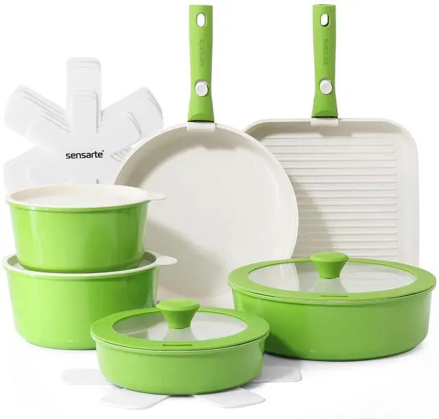 Main image of 17 Piece Ceramic Pots and Pans Set, Nonstick Detachable Handle Cookware, Induction Kitchen Cookware Set with Removable Handle, Dishwasher Oven Safe (Green)