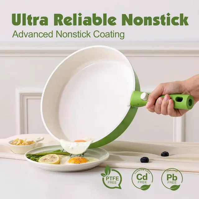 Alt view image 4 of 7 - 17 Piece Ceramic Pots and Pans Set, Nonstick Detachable Handle Cookware, Induction Kitchen Cookware Set with Removable Handle, Dishwasher Oven Safe (Green)