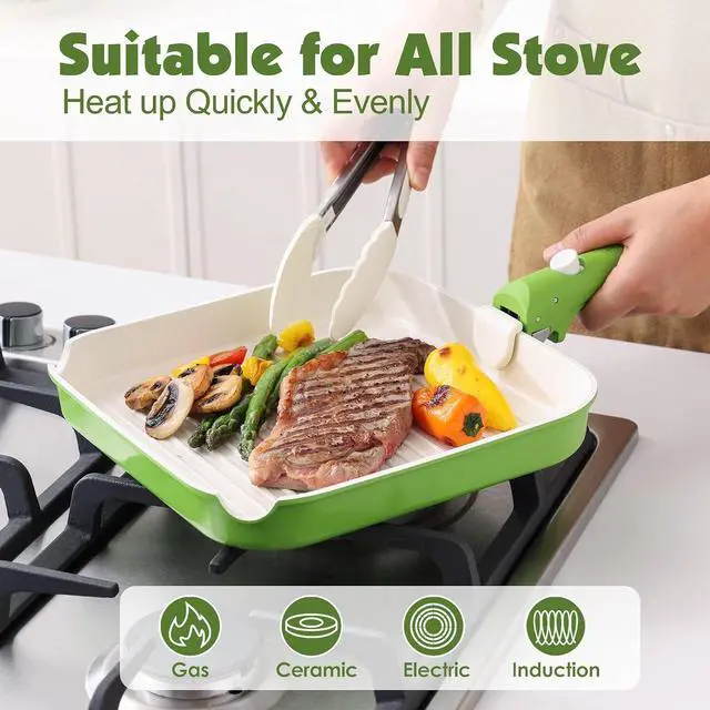 Alt view image 6 of 7 - 17 Piece Ceramic Pots and Pans Set, Nonstick Detachable Handle Cookware, Induction Kitchen Cookware Set with Removable Handle, Dishwasher Oven Safe (Green)