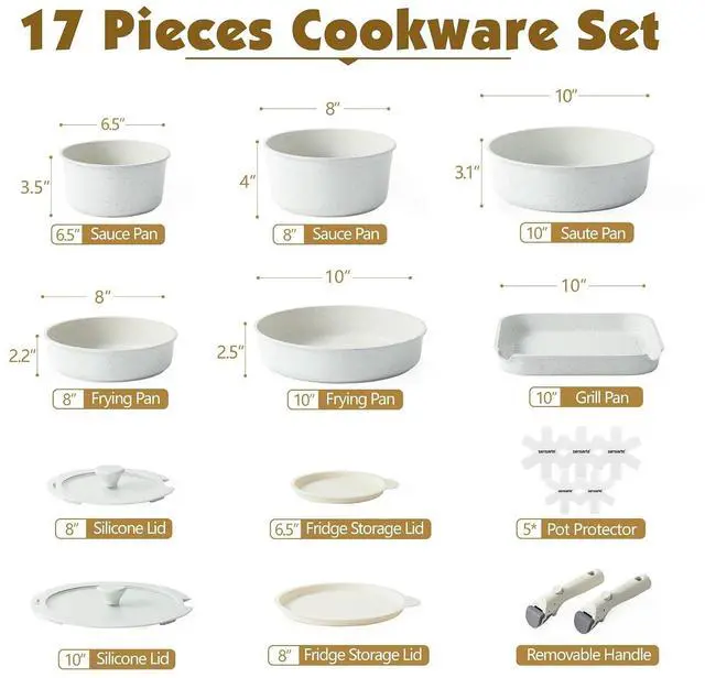 Alt view image 2 of 7 - 17 Piece Pots and Pans Set, Nonstick Detachable Handle Cookware Set, Induction Kitchen Cookware Set with Removable Handle, Healthy Non Stick for RV, Dishwasher Oven Safe, PFOA Free (White)