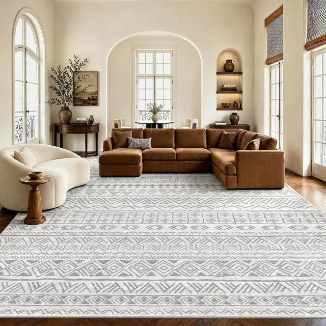 Main image of AMADA HOMEFURNISHING 9x12 Washable Area Rugs, Grey Boho Geometric Low-Pile Rug with Non-Slip Backing, Stain Resistance & Durable Edge Binding, Soft Indoor Carpet for Living Room, Bedroom, Dining Room