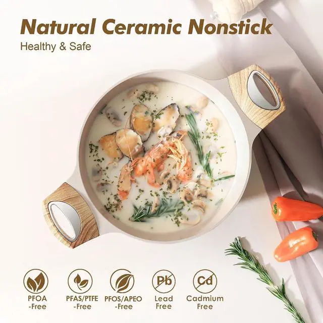 Alt view image 2 of 7 - Ceramic Nonstick Stock Pot with Lid, 2.6/4.5/6.6/8.5/11 QT Soup Pot Casserole Pot, Non-toxic Healthy Pasta Pot, Large Cooking Pot Stew Pot, Induction Compatible, PFOA PFAS PTFE Free, Taupe