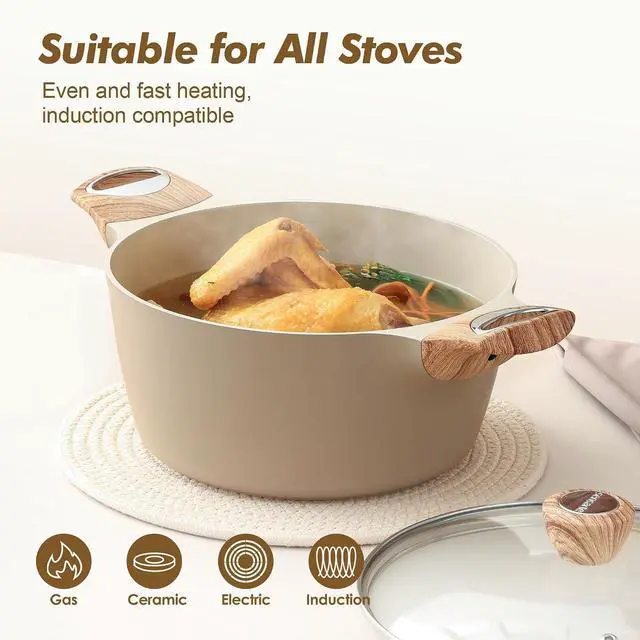 Alt view image 5 of 7 - Ceramic Nonstick Stock Pot with Lid, 2.6/4.5/6.6/8.5/11 QT Soup Pot Casserole Pot, Non-toxic Healthy Pasta Pot, Large Cooking Pot Stew Pot, Induction Compatible, PFOA PFAS PTFE Free, Taupe