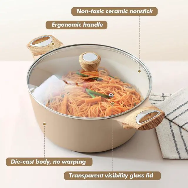 Alt view image 7 of 7 - Ceramic Nonstick Stock Pot with Lid, 2.6/4.5/6.6/8.5/11 QT Soup Pot Casserole Pot, Non-toxic Healthy Pasta Pot, Large Cooking Pot Stew Pot, Induction Compatible, PFOA PFAS PTFE Free, Taupe