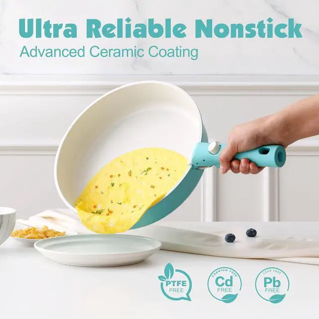 Alt view image 4 of 7 - 24 Piece Ceramic Pots and Pans Set, Nonstick Detachable Handle Cookware, Induction Cookware Set with Removable Handle, Healthy Non Stick for RV, DishwasherOven Safe, PFOA Free (Turquoise)