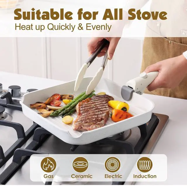 Alt view image 6 of 7 - 17 Piece Pots and Pans Set, Nonstick Detachable Handle Cookware Set, Induction Kitchen Cookware Set with Removable Handle, Healthy Non Stick for RV, Dishwasher Oven Safe, PFOA Free (White)