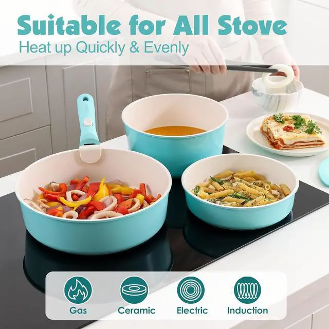 Alt view image 6 of 7 - 24 Piece Ceramic Pots and Pans Set, Nonstick Detachable Handle Cookware, Induction Cookware Set with Removable Handle, Healthy Non Stick for RV, DishwasherOven Safe, PFOA Free (Turquoise)