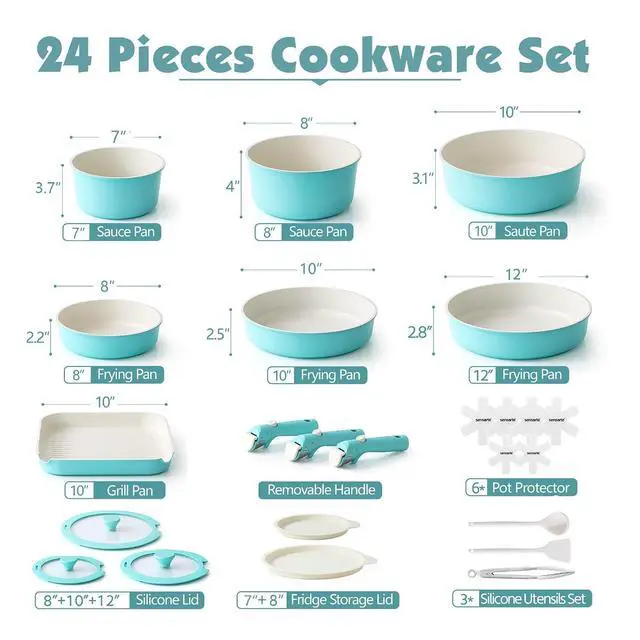 Alt view image 2 of 7 - 24 Piece Ceramic Pots and Pans Set, Nonstick Detachable Handle Cookware, Induction Cookware Set with Removable Handle, Healthy Non Stick for RV, DishwasherOven Safe, PFOA Free (Turquoise)
