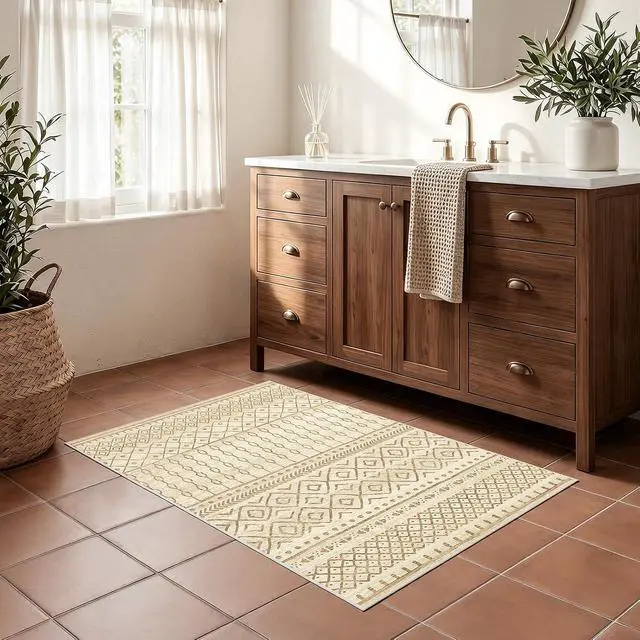Alt view image 4 of 7 - AMADA HOMEFURNISHING 2x3 Washable Area Rugs, Beige Boho Geometric Low-Pile Rug with Non-Slip Backing, Stain Resistance & Durable Edge Binding, Soft Indoor Carpet for Living Room, Bedroom, Dining Room