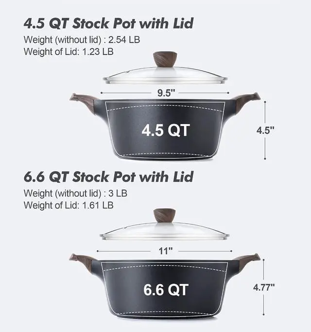 Alt view image 2 of 7 - Nonstick Stock Pot with Lid, 4.5+6.6 QT Soup Pot Set Casserole Pot, Healthy Pasta Pot, Large Deep Cooking Pot, Big Sauce Pot Stew Pot, Induction Compatible, PFOA PFOS APEO Free, Black