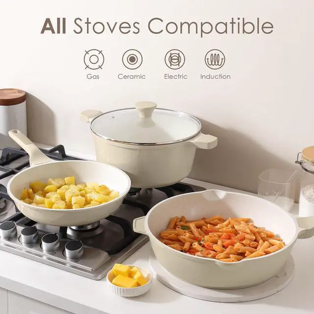 Alt view image 5 of 7 - Nonstick Ceramic Cookware Set Large-Size 13-Piece, Healthy Pots and Pans Set, Non-toxic Kitchen Cooking Set with Stay-Cool Handles, PFAS and PFOA Free, Cream White