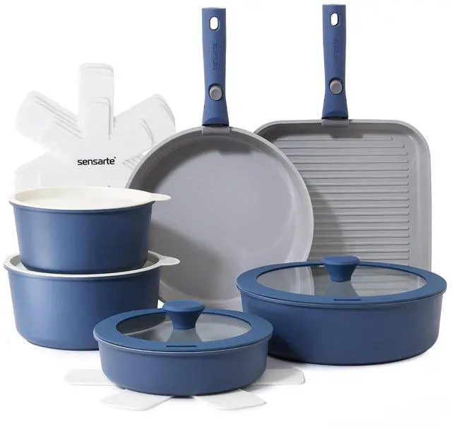 Main image of 17 Piece Ceramic Pots and Pans Set, Nonstick Detachable Handle Cookware, Induction Kitchen Cookware Set with Removable Handle, Dishwasher Oven Safe (Navy)