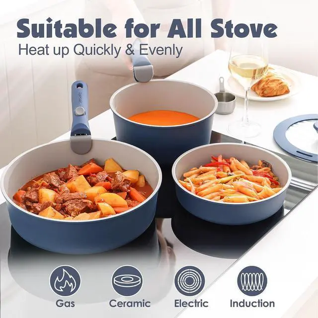 Alt view image 6 of 7 - 17 Piece Ceramic Pots and Pans Set, Nonstick Detachable Handle Cookware, Induction Kitchen Cookware Set with Removable Handle, Dishwasher Oven Safe (Navy)