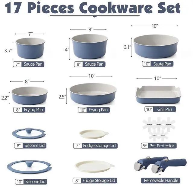 Alt view image 2 of 7 - 17 Piece Ceramic Pots and Pans Set, Nonstick Detachable Handle Cookware, Induction Kitchen Cookware Set with Removable Handle, Dishwasher Oven Safe (Navy)