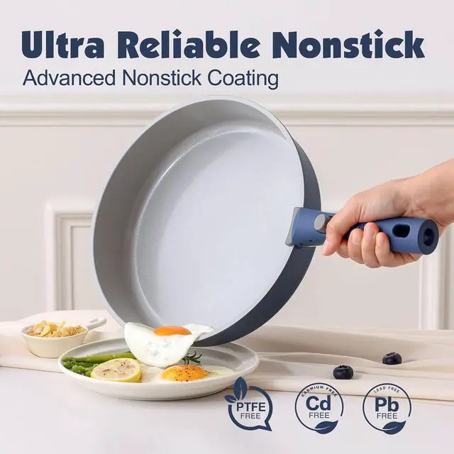 Alt view image 4 of 7 - 17 Piece Ceramic Pots and Pans Set, Nonstick Detachable Handle Cookware, Induction Kitchen Cookware Set with Removable Handle, Dishwasher Oven Safe (Navy)