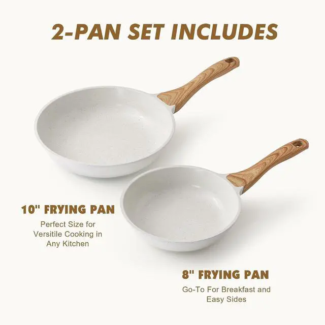 Alt view image 2 of 6 - Nonstick Frying Pan Skillets, Ceramic Coating Omelette Pans, Healthy Cookware Chef's Pan, White, Free of PTFE & PFAS (8+10 Inch)