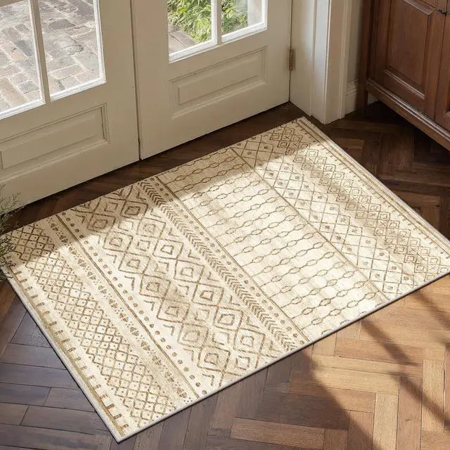 Main image of AMADA HOMEFURNISHING 2x3 Washable Area Rugs, Beige Boho Geometric Low-Pile Rug with Non-Slip Backing, Stain Resistance & Durable Edge Binding, Soft Indoor Carpet for Living Room, Bedroom, Dining Room